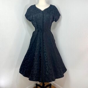 Vintage 50s Black Brocade Dress Med Waist 29" Fit n Flare Short Sleeves Pockets